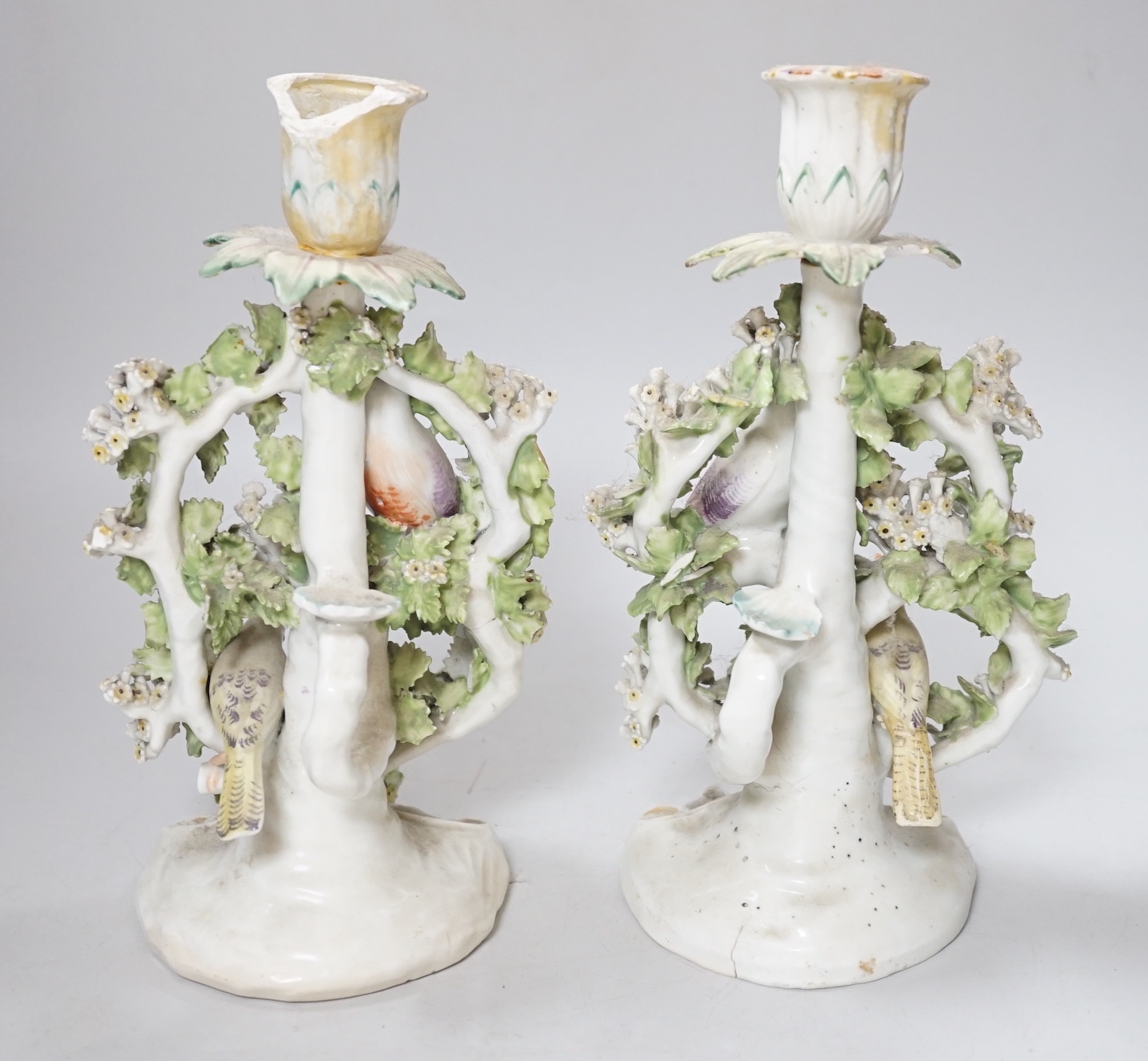 A pair of Derby ‘bird’ candlesticks, c.1760-5, 28cm